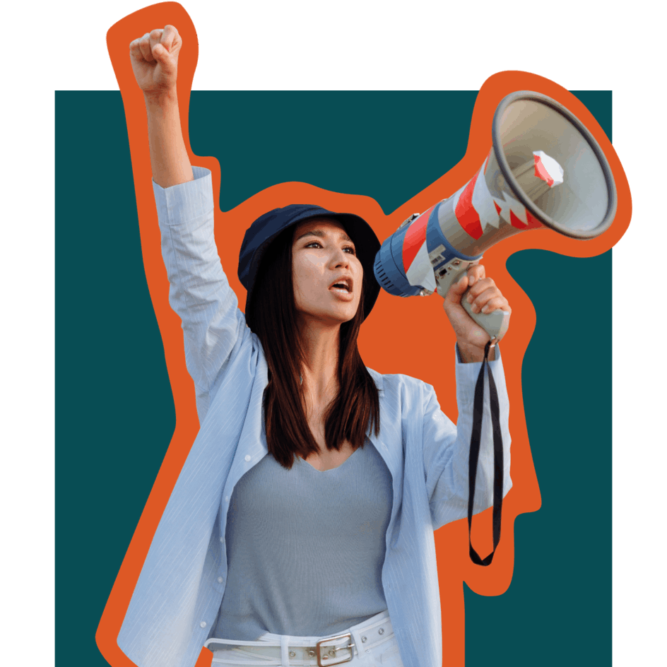 Girl with a megaphone near her mouth with her right hand raised in a fist in the air